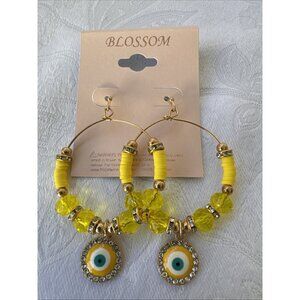 Blossom Blue Gold Yellow Beaded Rhinestone Evil Eye Earrings Dangle Hoops NEW